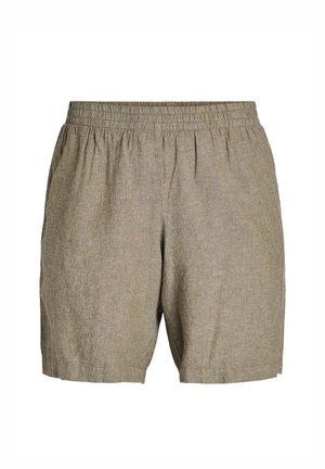 Béžové ľanové kraťasy s elastickým pásom a bočnými vreckami, voľný a pohodlný strih.