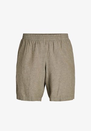 Shorts en lin beige avec ceinture élastique et poches latérales, coupe décontractée et confortable.