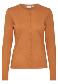 Oranger, langärmliger Cardigan mit runder Halslinie, der über einen Knopfverschluss verfügt und eine glatte, leichte Strickstruktur aufweist.