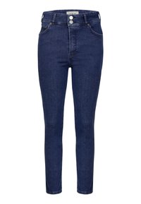 Jeans skinny in denim blu scuro con vita alta, chiusura anteriore con bottone e design classico a cinque tasche. Texture liscia con una leggera sbiaditura.