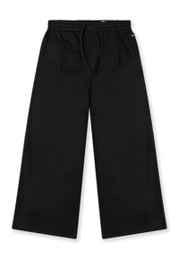 Zwarte wijde broek van een zachte, lichte stof. Heeft een elastische tailleband met een trekkoord en twee frontzakken.