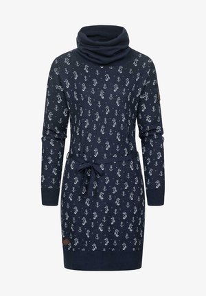 Rochie tricotată bleumarin cu guler tip cowl, având modele cu cai de mare și ancore albe, mâneci lungi și un cordon cu șnur la talie.