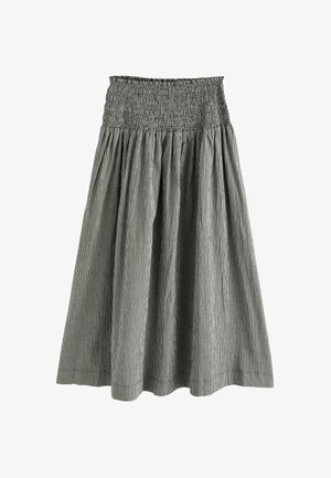 Black and white checked skirt with a smocked waistband. Flared design, knee-length, made from lightweight fabric with a textured finish.