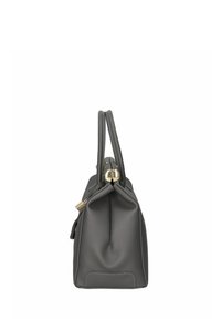 Bolso de cuero gris con doble asa, herrajes en tono dorado y costuras visibles. Forma rectangular con un diseño estructurado.