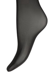 Sorte gennemsigtige strømpebukser med en glat tekstur, der har en rund tå og en tætsiddende pasform, ideelle til et strømlinet look.