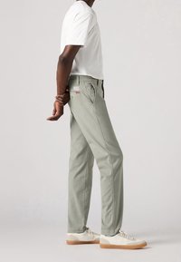 Ljusgröna bomullshorts med sidfickor, raka ben och en märkeslapp på baksidan. Matchas med en vit t-shirt och beige skor.