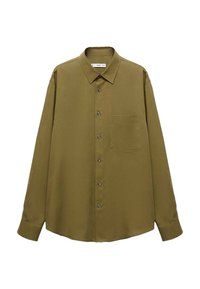 Olive green long-sleeve shirt with a buttoned front, collar, and single chest pocket. Made of smooth fabric with a regular fit.