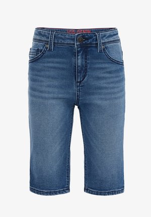 Short en denim bleu longueur genou avec fermeture par bouton, passants pour ceinture, poches avant et légère décoloration au niveau des cuisses.