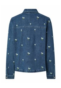 Veste en denim avec de petites fleurs de marguerite blanches brodées réparties sur le dos et les manches, poignets boutonnés et col classique.