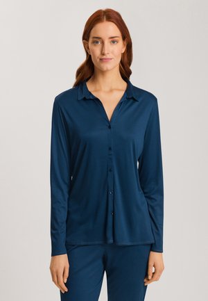 Navy blue long-sleeve button-up shirt with a collared neckline, smooth fabric, and a relaxed fit, features matching dark buttons.