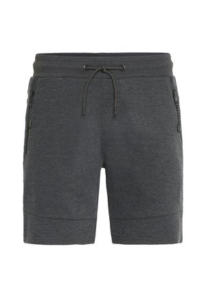 Gray athletic shorts with a drawstring waist, zippered side pockets, and a smooth, stretchy texture. Mid-thigh length design.