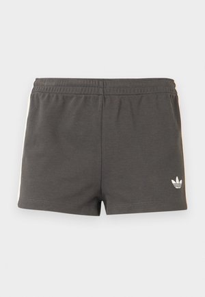 Mørkegrå treningsshorts med elastisk midjebånd, hvit Adidas-logo nederst til høyre og hvite striper langs sidene.