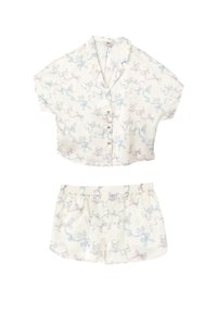 Korte mouwen pyjama set in crème, met blauw en roze linten en speelse kattenprints; zachte stof met knoopsluiting aan de bovenkant en shorts met elastische taille.