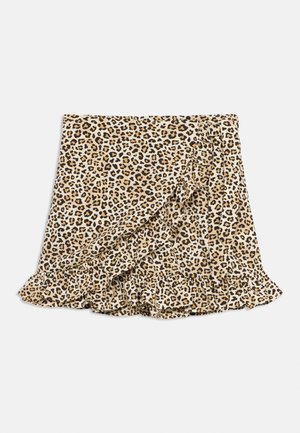 Jupe portefeuille imprimé léopard avec ourlet à volants et détail noué sur le côté en tons beige, marron et noir.