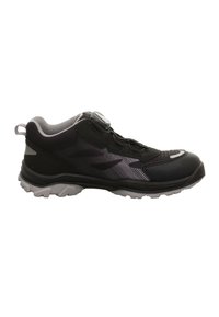Schwarzer und grauer Sportschuh mit robuster Sohle, gepolstertem Kragen und Dial-Verschlusssystem an der Seite.