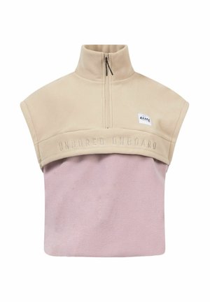 Lichtbeige en roze fleecetruien met een hoge kraag, korte mouwen en ritsluiting. Bevat de tekst "UNBORED ONBOARD" op de borst.