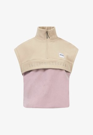 Hellbeige und rosa Fleecpulli mit hohem Kragen, kurzen Ärmeln und Reißverschluss. Mit dem Schriftzug "UNBORED ONBOARD" auf der Brust.