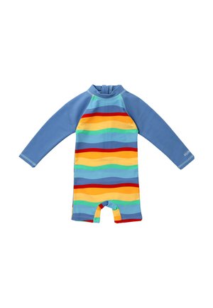Langdurig wetsuit met een blauwe bovenkant en veelkleurige golvende strepen in rood, geel, groen en blauw op de onderhelft. Korte pijpontwerp.