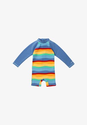 Neoprenový oblek s dlouhým rukávem, modrou horní částí a vícolorvými vlnitými pruhy v červené, žluté, zelené a modré na dolní polovině. Krátká nožní konstrukce.