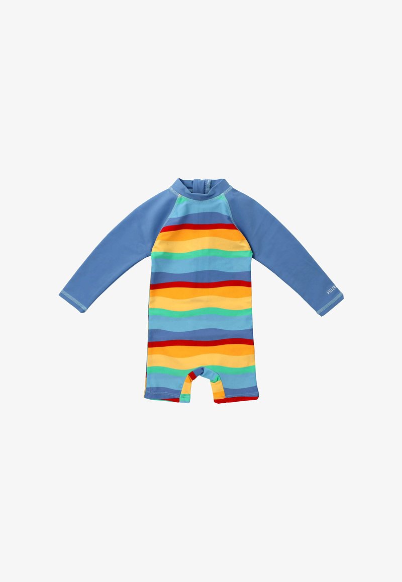 Neoprenový oblek s dlouhým rukávem, modrou horní částí a vícolorvými vlnitými pruhy v červené, žluté, zelené a modré na dolní polovině. Krátká nožní konstrukce.