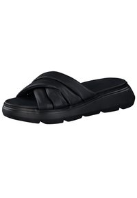 Sandalo in pelle nera a scivolo con tre pieghe sulla parte superiore, suola texturizzata e una bassa piattaforma per comfort e facilità d'uso.