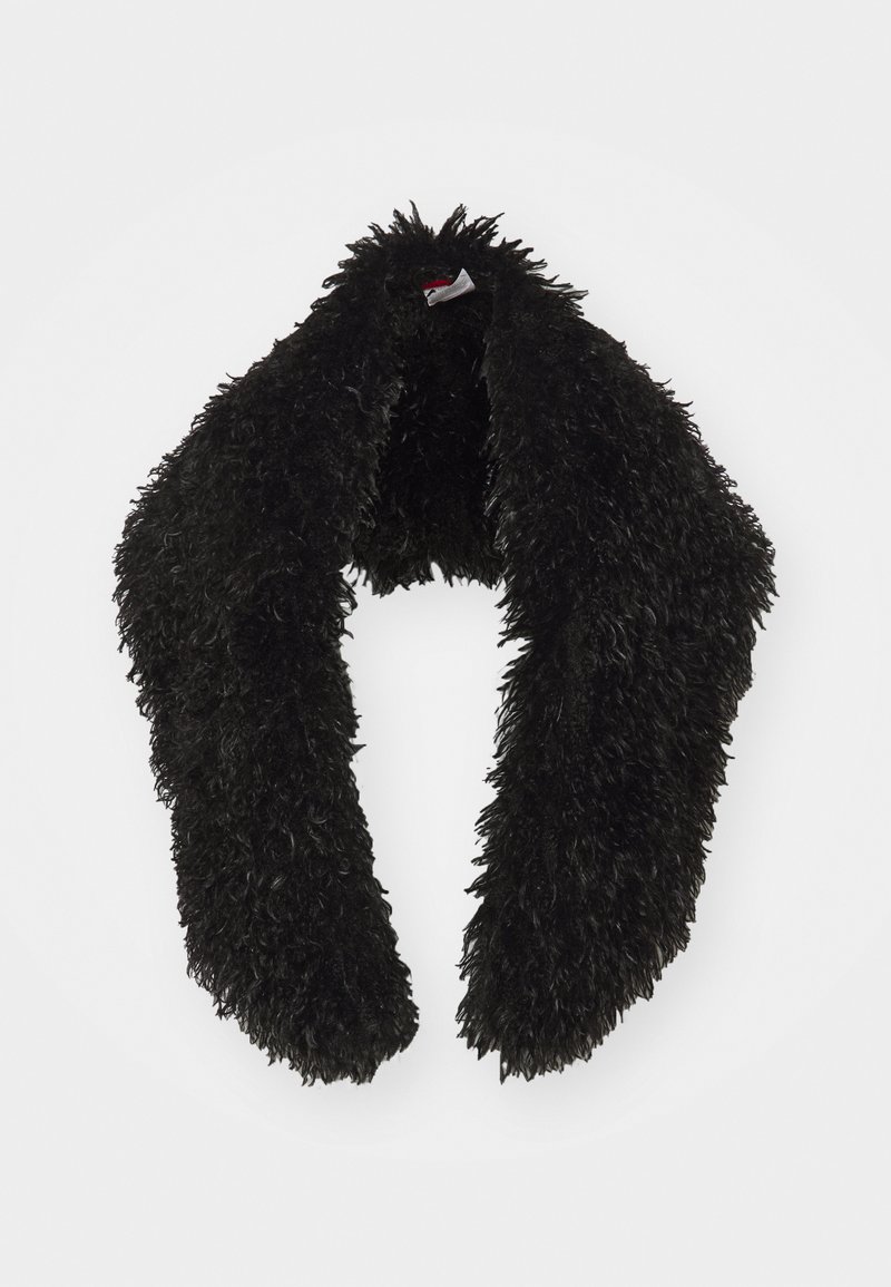 Black faux fur scarf with a textured, shaggy appearance. Designed to wrap around the neck, featuring a soft, plush surface.