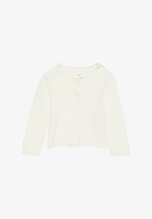 White knit cardigan with long sleeves, round neckline, and a single button closure. Features scalloped edges and a soft texture.