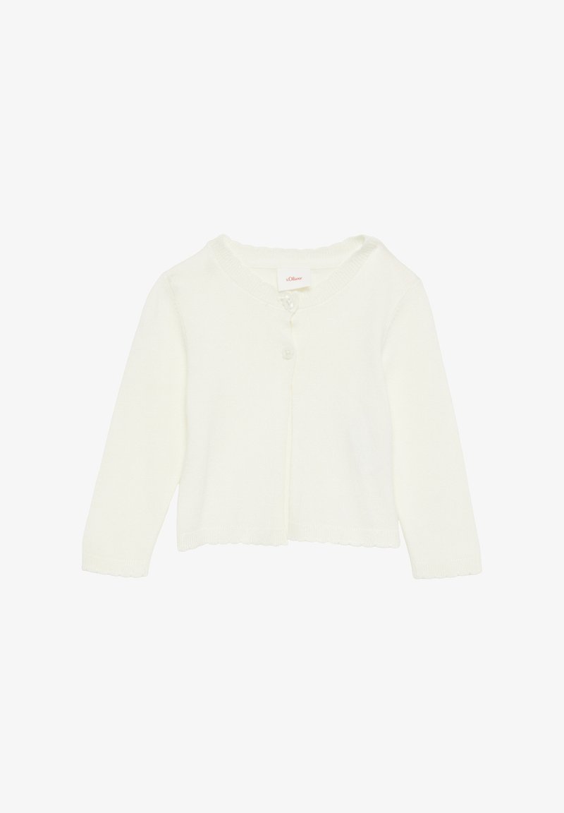 Weißer Strickcardigan mit langen Ärmeln, rundem Ausschnitt und einem einzelnen Knopfverschluss. Verfügt über gewellte Säume und eine weiche Textur.