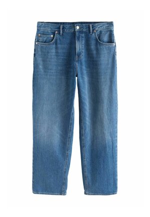 Blaue Jeans mit geradem Bein, Fronttaschen, Gürtelschlaufen und einem Knopfverschluss vor weißem Hintergrund.