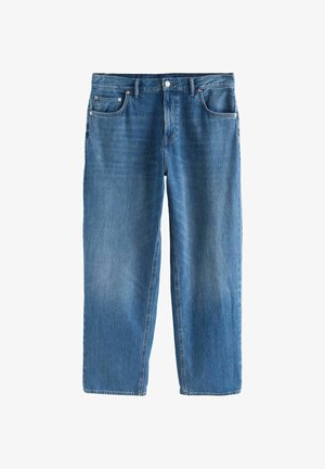 Blue straight-leg denim jeans with front pockets, belt loops, and a button closure on a white background.