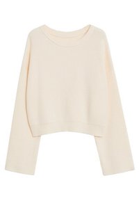 Krémový zkrácený svetr vyrobený z žebrované látky, s širokým výstřihem a dlouhými rukávy. Jednoduchý design s jemnou texturou.