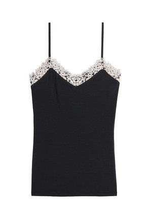 Caraco noir à fines bretelles avec bordure en dentelle florale blanche le long du décolleté en V.