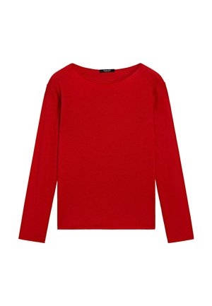 Haut rouge à manches longues avec un col rond, présenté sur fond blanc, mettant en avant son design simple et vibrant.