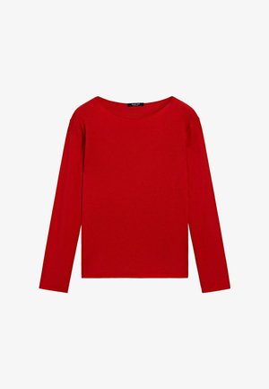 Maglietta rossa a maniche lunghe con scollo rotondo, esposta su uno sfondo bianco, che mette in risalto il suo design semplice e vivace.
