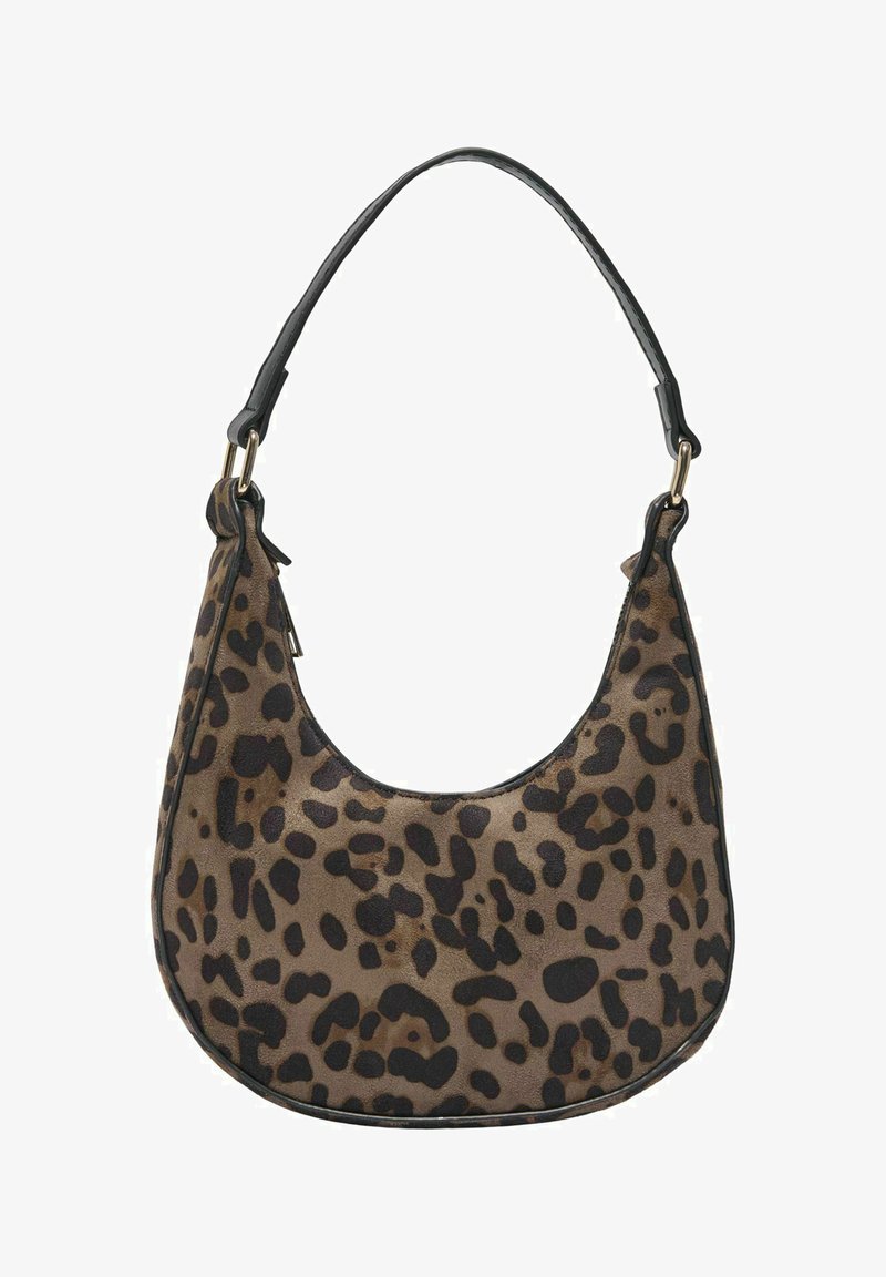 Pruuni ja musta luigemustriga õlakott, millel on kõver kuju ja üks must rihm kuldsete metallist detailidega.