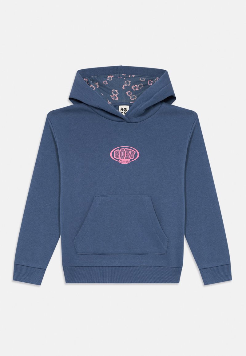 Zila kapuce ar priekšējo kabatu, rozā "ROXY Since 90" logo uz krūtīm un ziedu raksts pie kapuces odere.