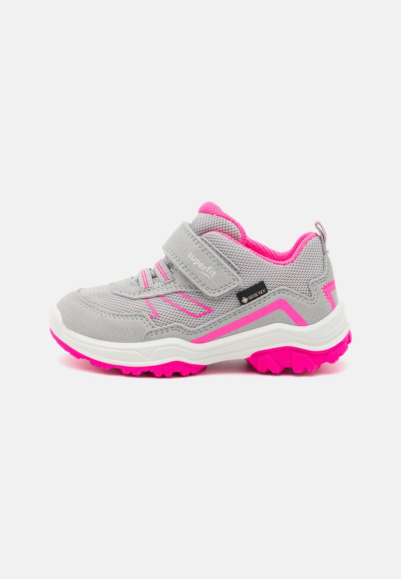 Gray children's sneaker with pink accents, featuring a breathable mesh upper, Velcro strap, and a textured rubber outsole for traction.