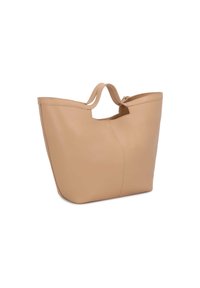 Borsa tote in pelle beige con una silhouette spaziosa e aperta, dotata di due manici corti e chiusura con zip nella parte superiore. Texture liscia, design minimale.