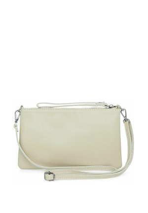 Hellbeige Leder-Crossbody-Tasche mit strukturiertem Oberflächenmaterial, ausgestattet mit einem Reißverschluss oben, einem abnehmbaren Tragegurt und silbernen Hardware-Akzenten.