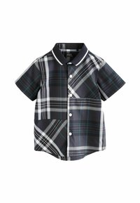 Camicia a maniche corte in fantasia a quadri blu navy, bianca e turchese; presenta una chiusura con bottoni, un colletto con bordi bianchi e una tasca sul petto.