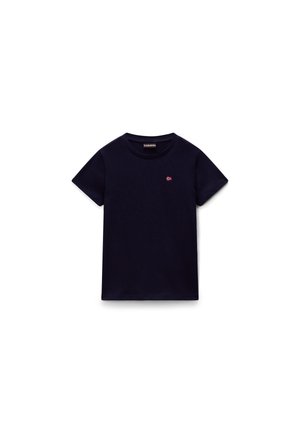 T-shirt bleu marine à manches courtes avec col rond et petit logo drapeau rouge et blanc sur la poitrine gauche.