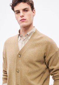 Bēša adīta kardigana ar V veida izgriezumu, divām pogām un ribotu aproču apdari, nēsāta virs gaiši brūnas un baltas svītrainas krekla.