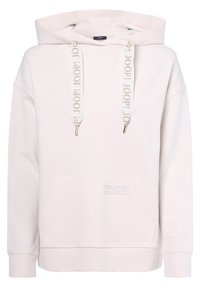 Felpa color beige chiaro con cappuccio regolabile, tasca frontale e dettaglio del logo. Il tessuto ha una consistenza morbida e presenta un accento di marca sui cordini.