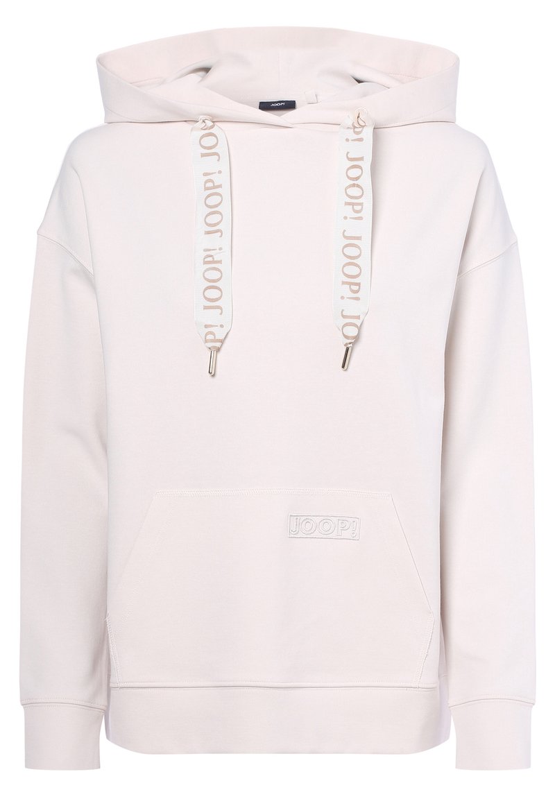 Felpa color beige chiaro con cappuccio regolabile, tasca frontale e dettaglio del logo. Il tessuto ha una consistenza morbida e presenta un accento di marca sui cordini.