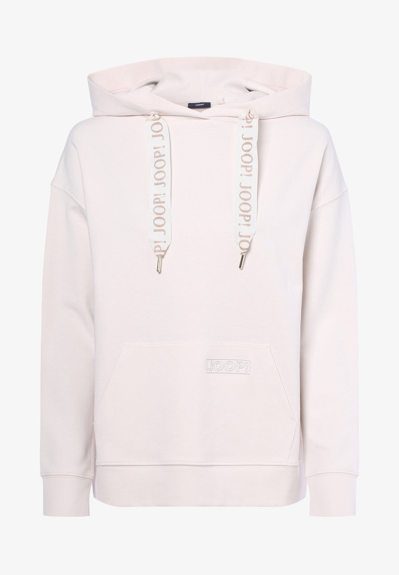 Felpa color beige chiaro con cappuccio regolabile, tasca frontale e dettaglio del logo. Il tessuto ha una consistenza morbida e presenta un accento di marca sui cordini.