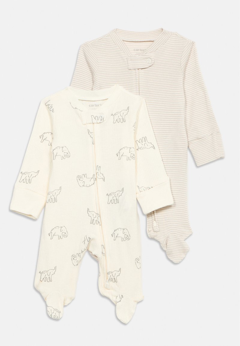Δύο μαλακά βαμβακερά υπνόσακα για μωρά, ένα κρεμ με γκρι τυπώματα ελέφαντα και το άλλο μπεζ με λεπτές οριζόντιες ρίγες και κλείσιμο με κουμπιά στο λαιμό.