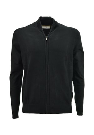 Maglione nero con zip a manica lunga, collo alto, polsini e orlo a coste, mostrato su sfondo bianco.