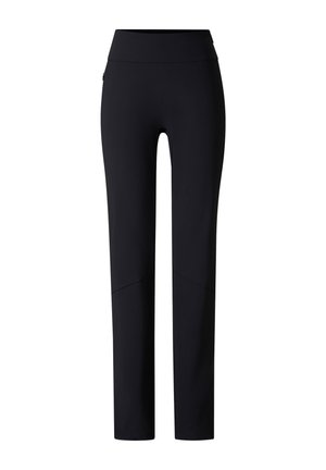 Zwarte high waist slim fit broek van gladde stof zonder zichtbare zakken of patronen, afgebeeld tegen een witte achtergrond.