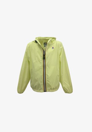 Giacca con cappuccio verde chiaro per bambini con cerniera frontale e polsini elastici, piccolo logo sul petto, esposta su sfondo bianco.