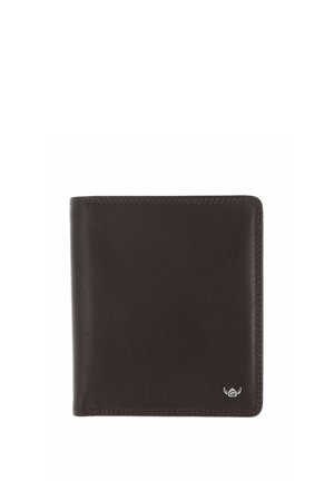 Dark brown leather bifold wallet with stitched edges and a small silver logo in the bottom right corner on a white background.